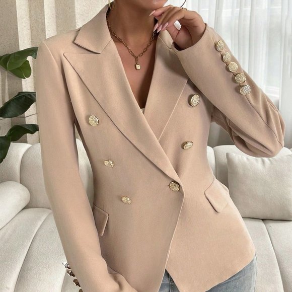 . Jackets & Blazers - Tan Preppy Womens Lapel Neck Double Breasted Blazer